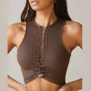 Joah Brown Crop Lace Up Tank- S/M